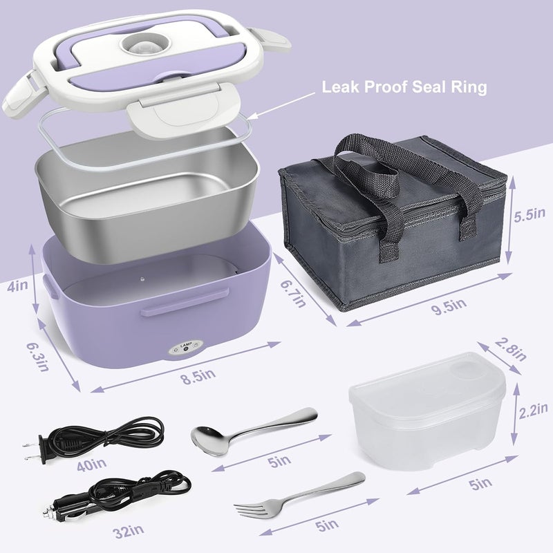 Vabaso Electric Lunch Box Food Heater, Electric Heating Lunch Boxes Lunch for Adults/Men/Car/Truck/Work, 80W 1.5L Removable 304 Stainless Steel Container, 110V/12V/24V, with Fork & Spoon - Image 5